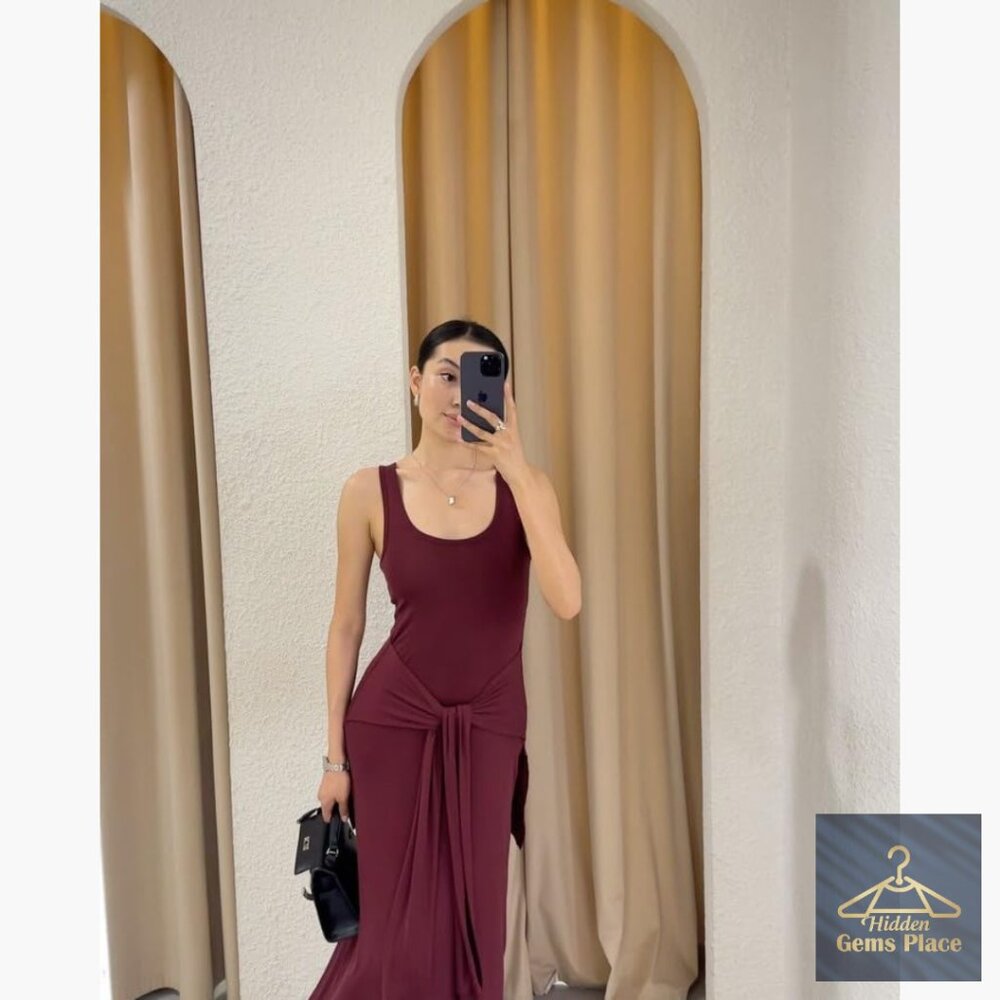 Sleeveless Maxi Wrap Dress Tie Waist Slim Fit Casual Summer Tank - Picture 3 of 7